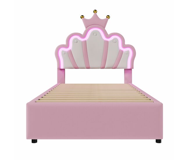 Cama de criança estofada 90x200 cm - com led e 2 gavetas - rosa