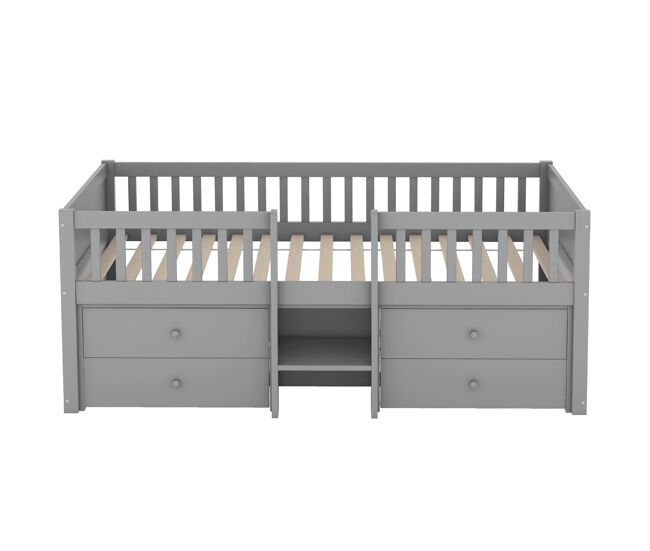 Cama de criança 90x200cm madeira maciça - com 4 gavetas - cinzento (colchão não incluído)