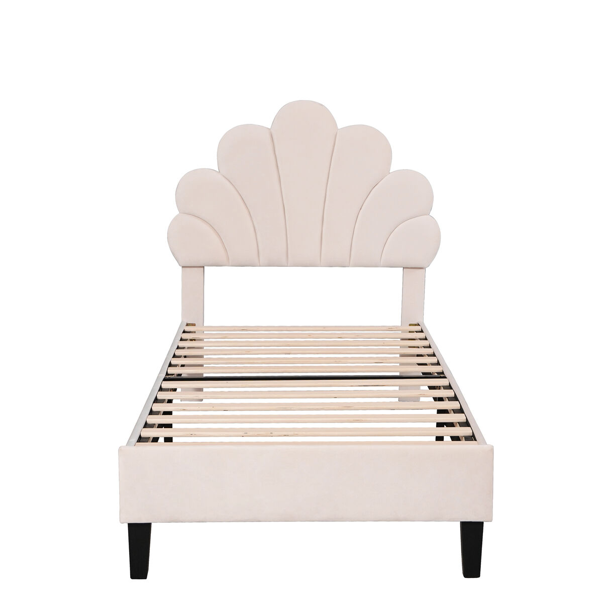 Cama individual estofada em veludo - 90x200cm - cabeceira em forma de flor - com estrado - bege