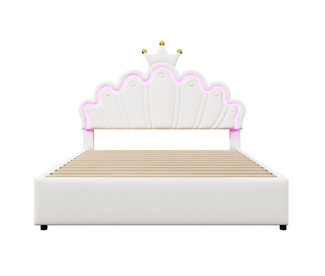 Cama estofada 140x200 cm - luz led, 2 gavetas, cabeceira ajustável, coroa - branco