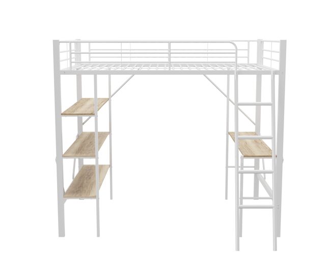 Cama mezzanine em ferro - 90x200cm - com secretária e 3 prateleiras - branco