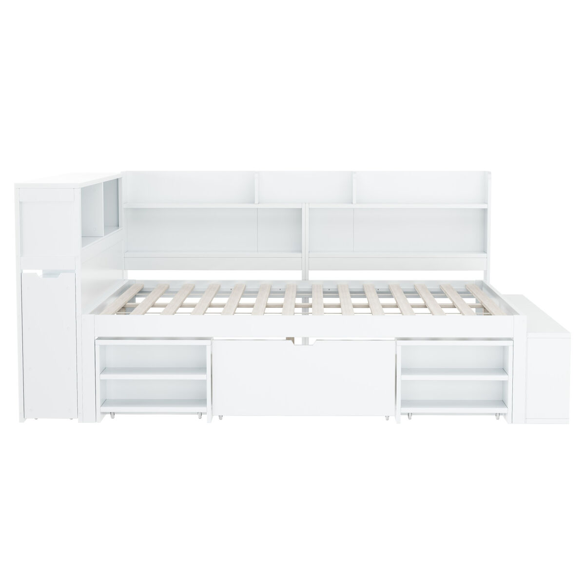Cama em mdf 140x200 cm - com arrumação multifunções e uma pequena estante extraível - com estrado de ripas - branco