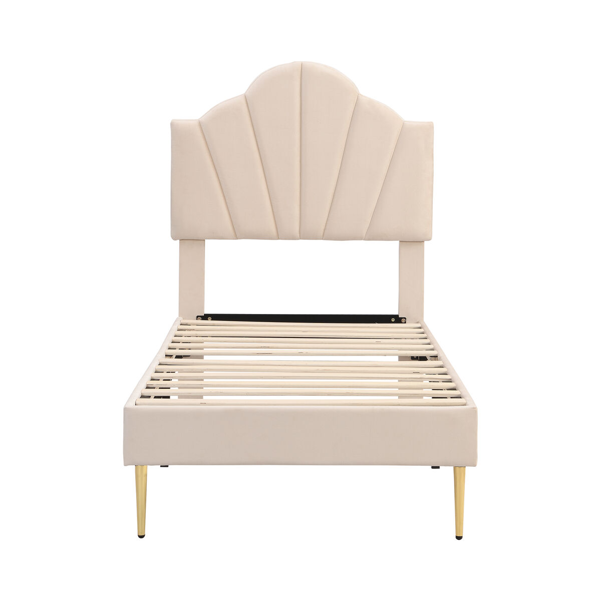 Cama de criança em veludo - 90x200cm - cabeceira em forma de concha - bege