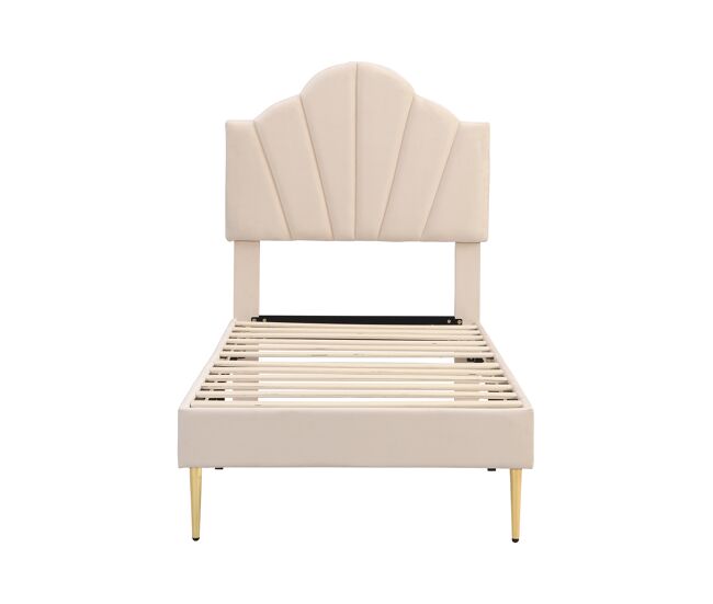Cama de criança em veludo - 90x200cm - cabeceira em forma de concha - bege