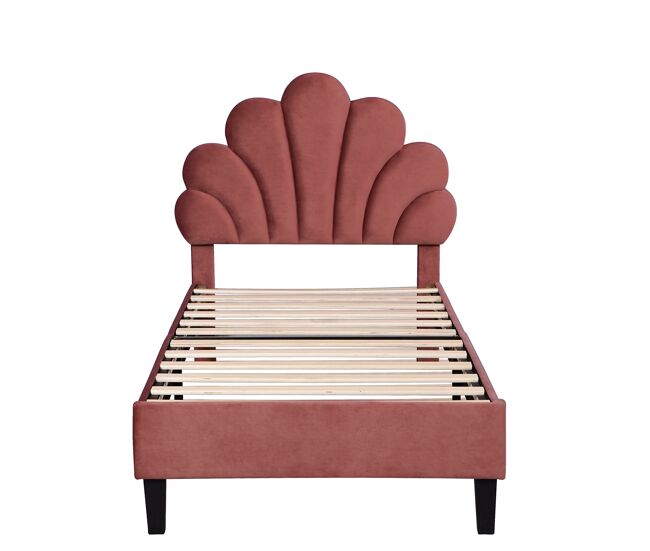 Cama individual estofada em veludo - 90x200cm - cabeceira em forma de flor - com estrado de ripas - vermelho
