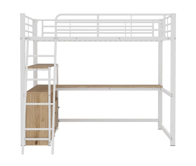 Cama alta 140x200cm - secretária de canto com gavetas - em mdf e metal - branco
