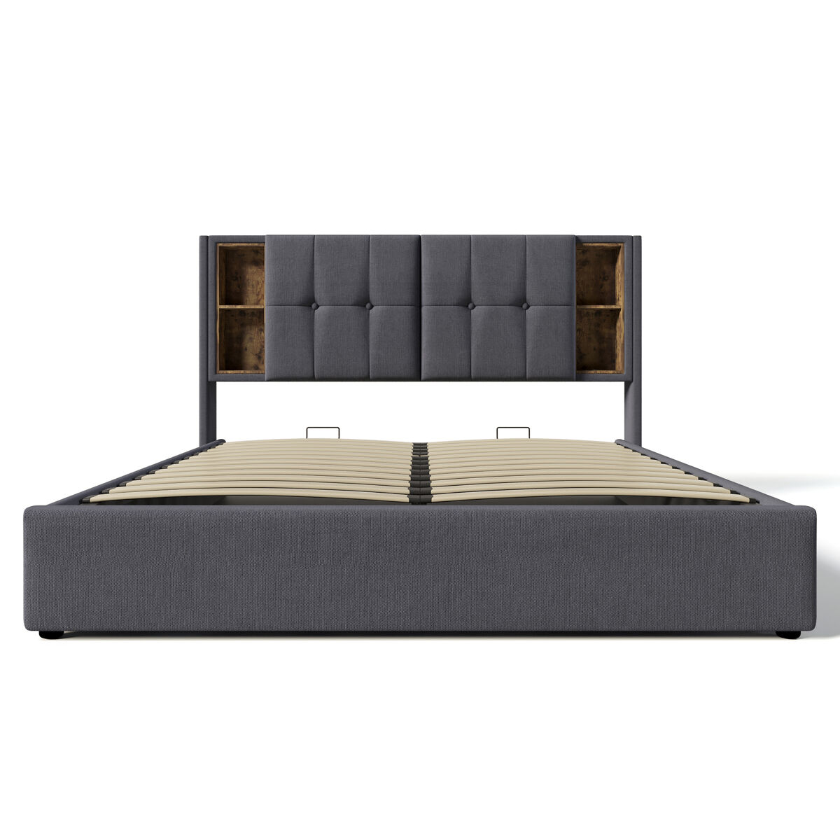Cama almofadada para arrumação 140x200 cm - com cabeceira para arrumação e carregamento sem fios - tecido de algodão - cinzento