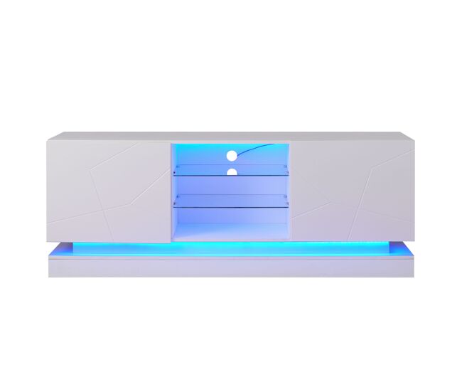 Móvel de tv moderno com led colorido - adequado para tv de 70” - 2 portas e 3 étagères - blanc