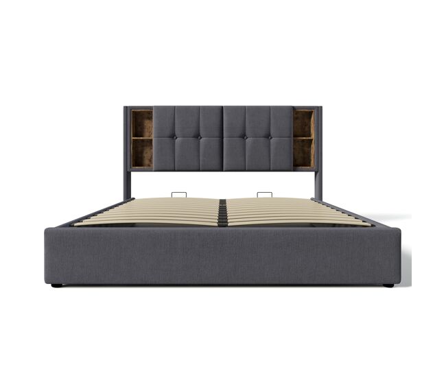 Cama acolchoada com arrumação 180x200 cm - com cabeceira para arrumação e carregamento sem fios - tecido de algodão - cinzento