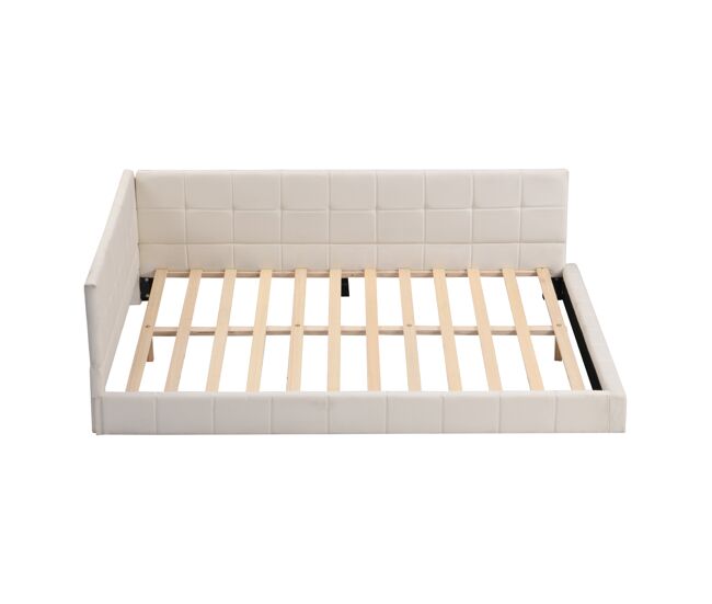Cama de adulto 140x200cm em veludo com estrado de ripas e grade de ripas - bege