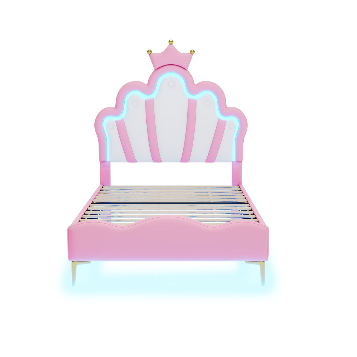 Cama de criança 90x200cm com led - cama de princesa com almofada de pele sintética - rosa