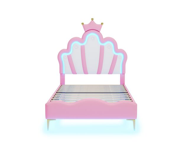 Cama de criança 90x200cm com led - cama de princesa com almofada de pele sintética - rosa