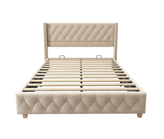 Cama de adulto estofada em veludo - 160x200 cm - com estrado de molas - bege