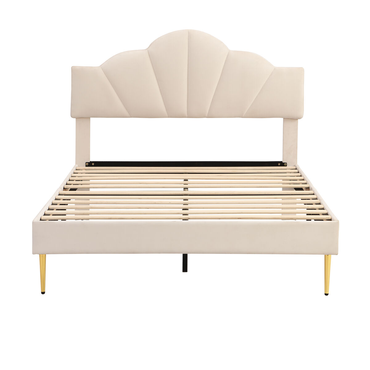 Cama de criança em veludo - 140x190cm - cabeceira em forma de concha - bege