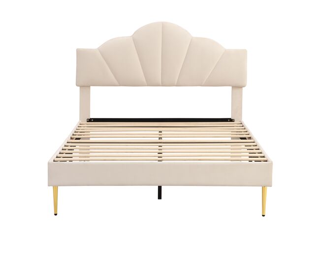 Cama de criança em veludo - 140x190cm - cabeceira em forma de concha - bege