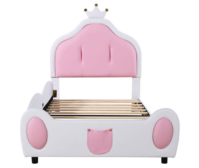 Cama de criança 90x200 cm em pele sintética - cabeceira com moldura no teto - branco