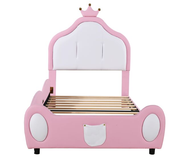 Cama de criança 90x200 cm em pele sintética - cabeceira com moldura no teto - rosa