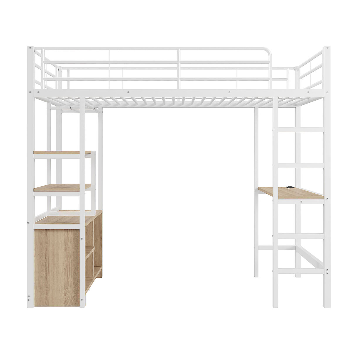 Cama loft metálica 90x200 cm - com secretária + tomadas usb + barreiras - branco