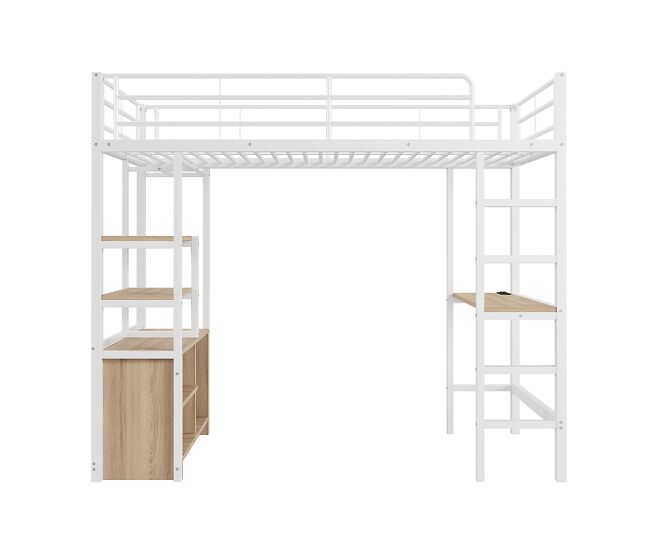 Cama loft metálica 90x200 cm - com secretária + tomadas usb + barreiras - branco