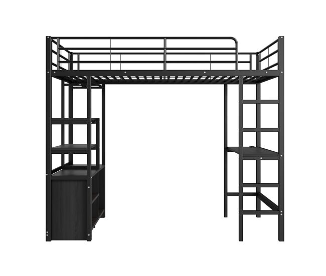 Cama loft metálica 90x200 cm - com secretária + tomadas usb + barreiras - preto
