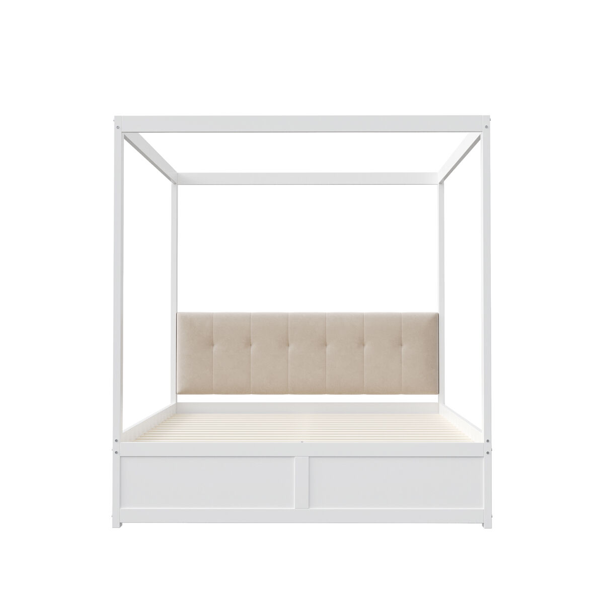 Cama de dossel de madeira 140x200cm - com cabeceira estofada e 2 gavetas - cor branca