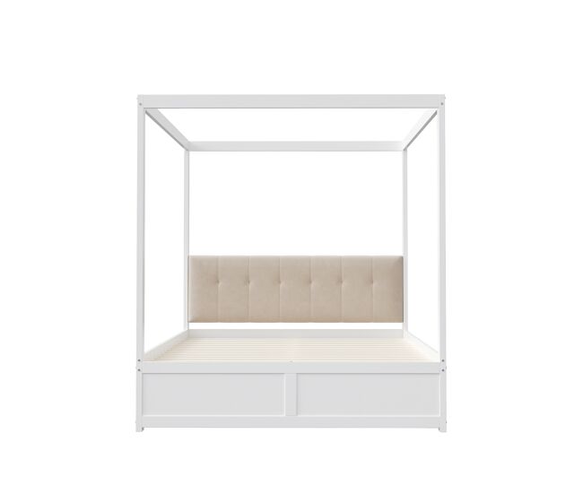 Cama de dossel de madeira 140x200cm - com cabeceira estofada e 2 gavetas - cor branca