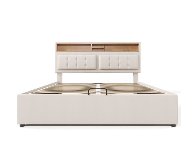 Cama contentora 140x200 cm em tecido de linho - cabeceira regulável com fichas - com estrado - bege