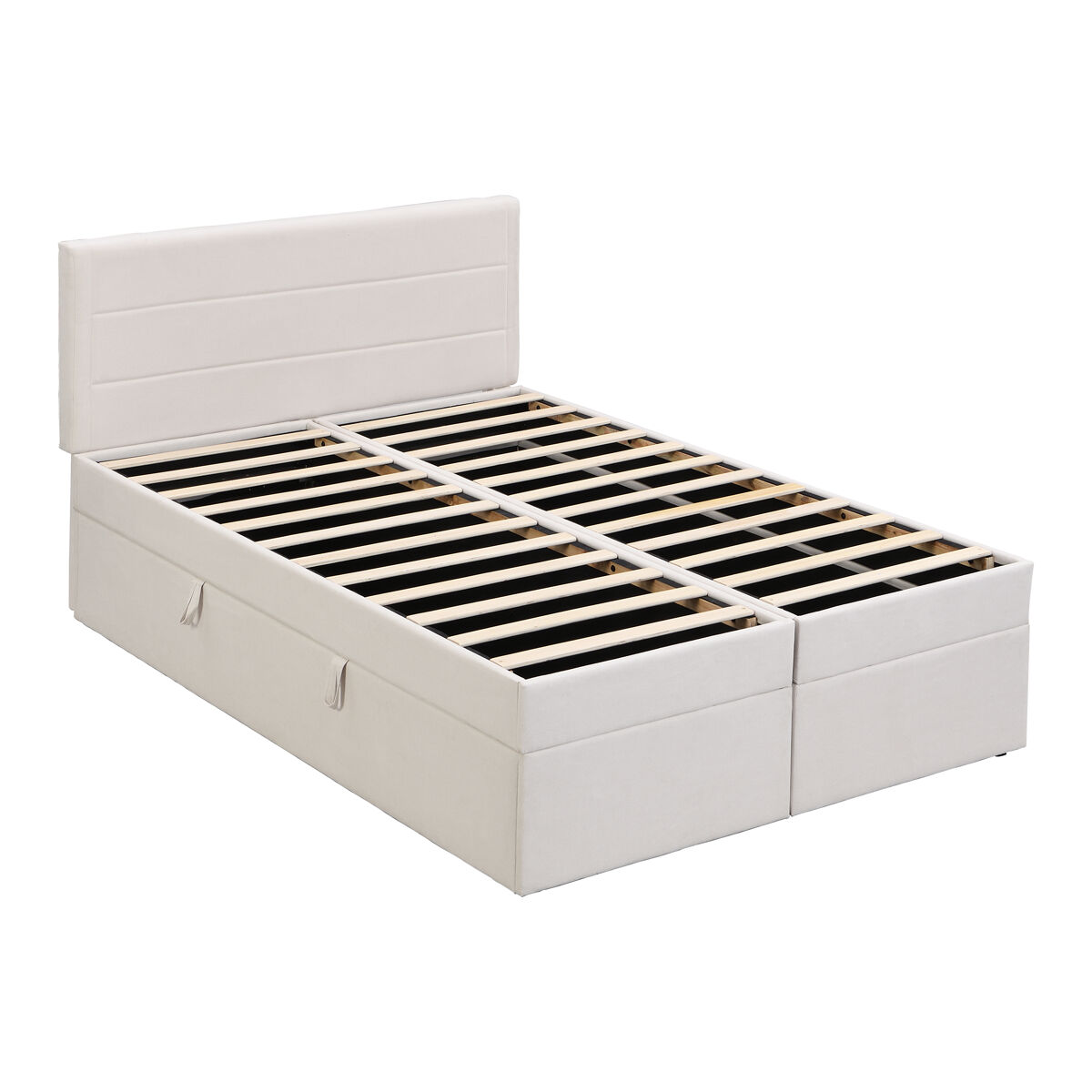 Cama para arrumação com estrado de ripas - 140x200 cm - tecido de linho - bege