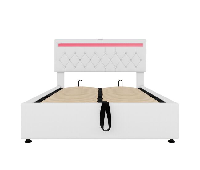 Cama contentora em tecido de linho 140x200 cm com led - tomadas usb e c na cama - com estrado - branco