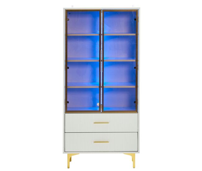Armário expositor moderno com luzes led e prateleiras extraíveis - a. 150 cm - 2 portas de vidro e 2 gavetas - branco
