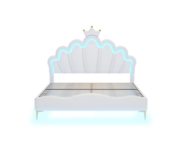 Cama de criança 140x200cm com led - cama de princesa com almofada de pele sintética - branco
