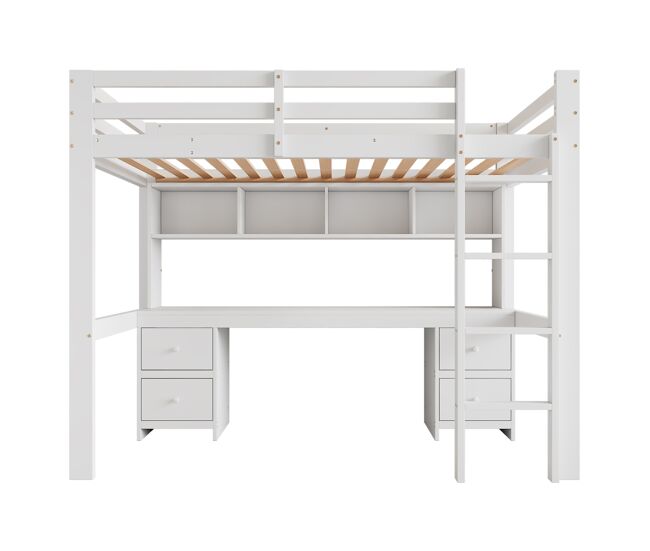 Cama mezzanine 90x200 cm - com secretária e 2 cómodas - pinho maciço e mdf - branco