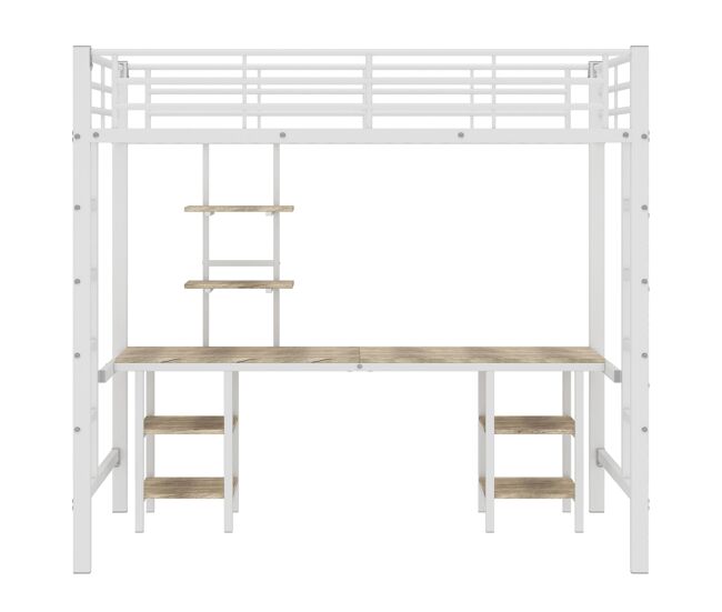 Cama alta 90x200 cm - com secretária e prateleiras - estrutura em ferro - branco