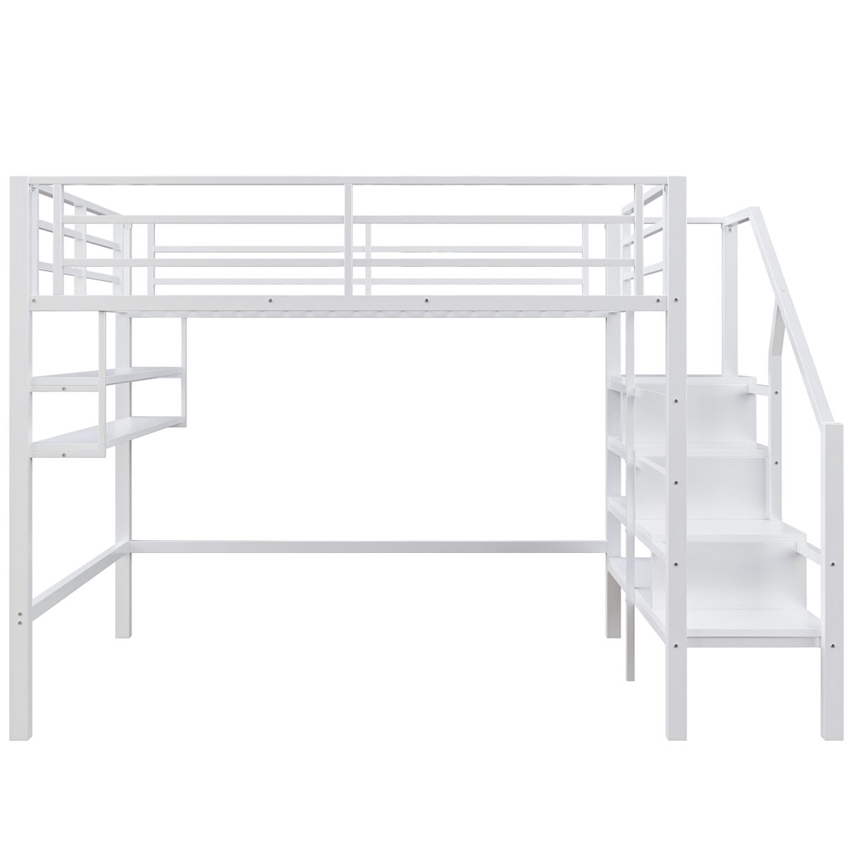 Cama alta metálica 140x200 cm - com prateleira e escada de arrumação - branco