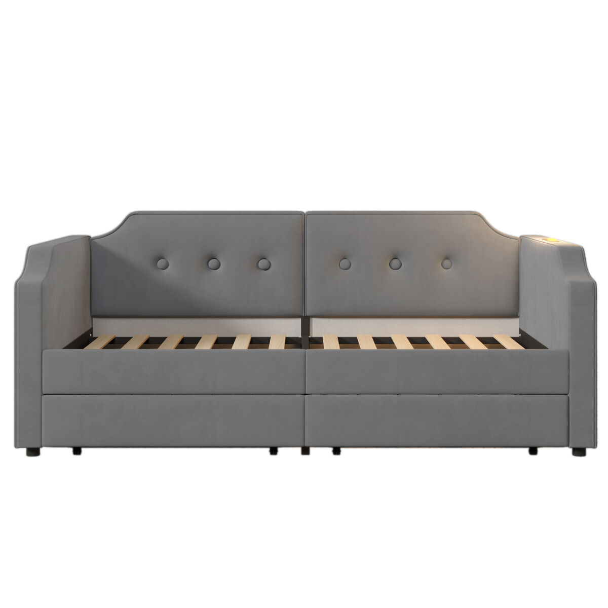 Sofá-cama de veludo 90x200 cm - com função de carga e led - com base de ripas - cinzento