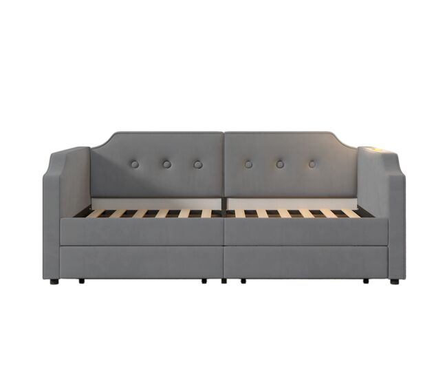 Sofá-cama de veludo 90x200 cm - com função de carga e led - com base de ripas - cinzento