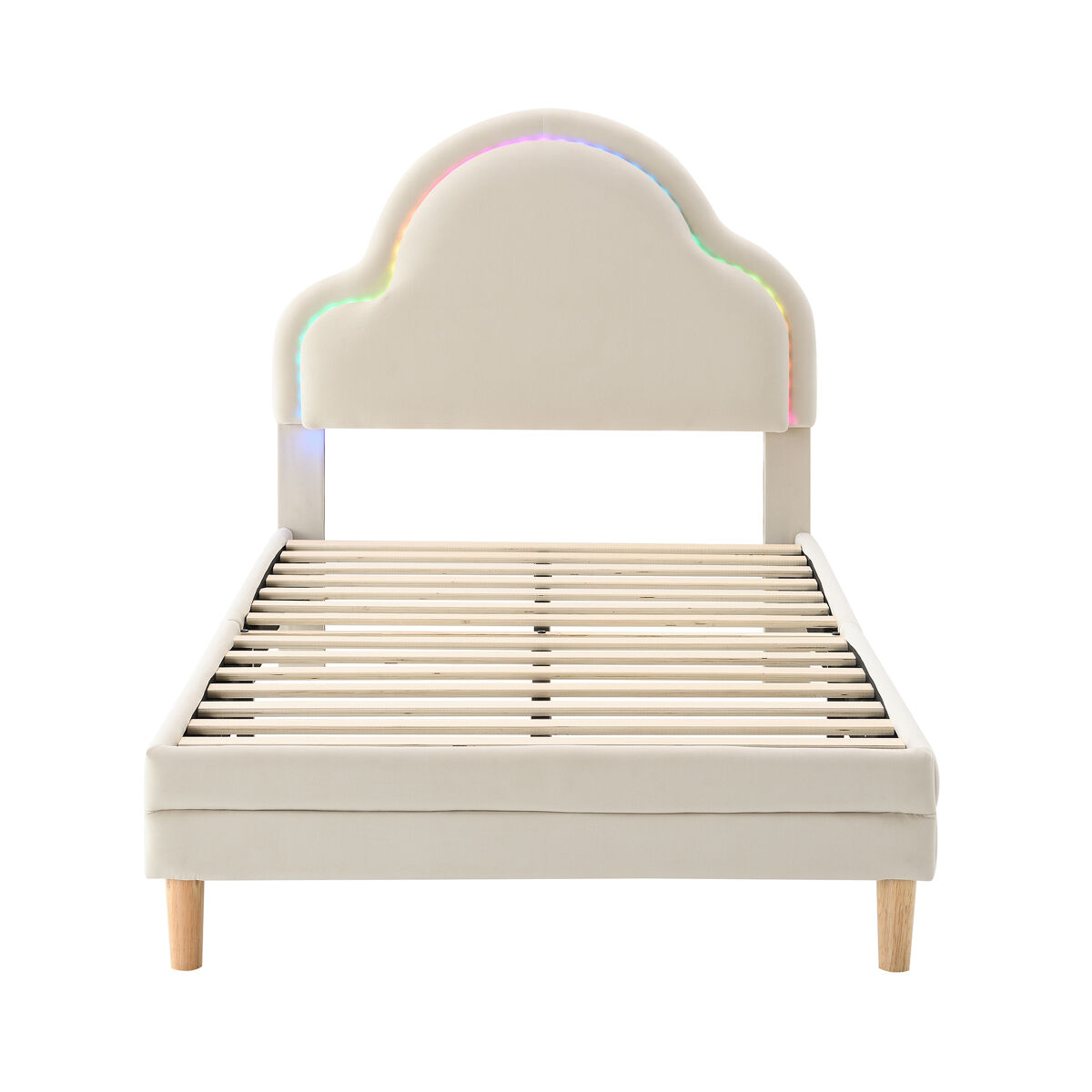 Cama de criança estofada em veludo com led em várias cores - cabeceira em forma de nuvem - estrado de ripas de madeira - 90x200cm - bege