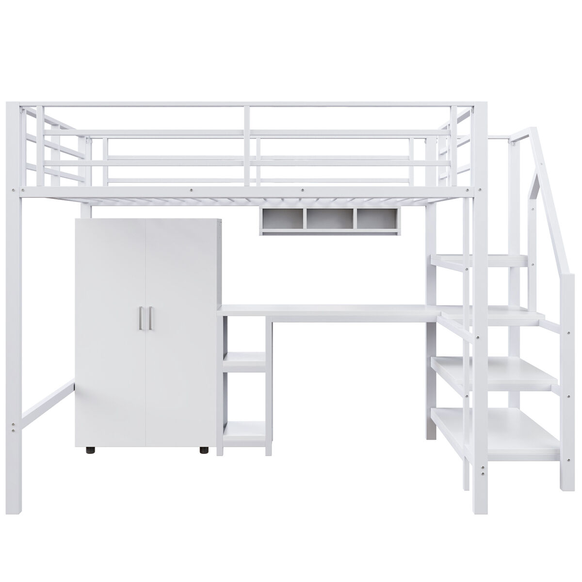 Cama alta metálica 140x200 cm - com secretária, roupeiro e escada de arrumação - branco