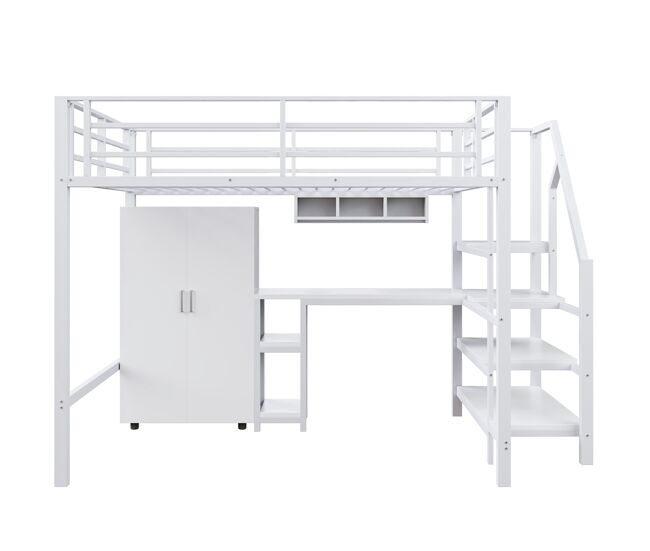 Cama alta metálica 140x200 cm - com secretária, roupeiro e escada de arrumação - branco