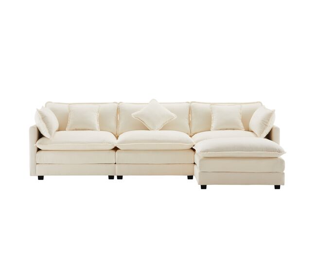 Sofá de canto de 3 lugares em chenille com apoio modular para os pés - bege
