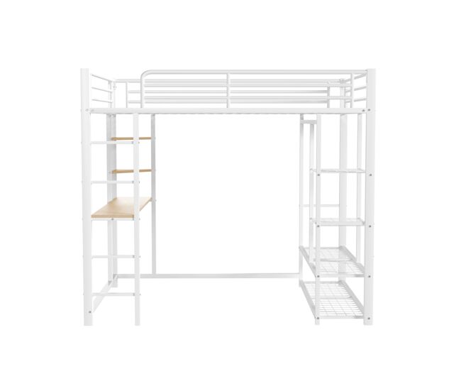 Cama mezzanine metálica 90x200 cm - com mesa e prateleiras - branco