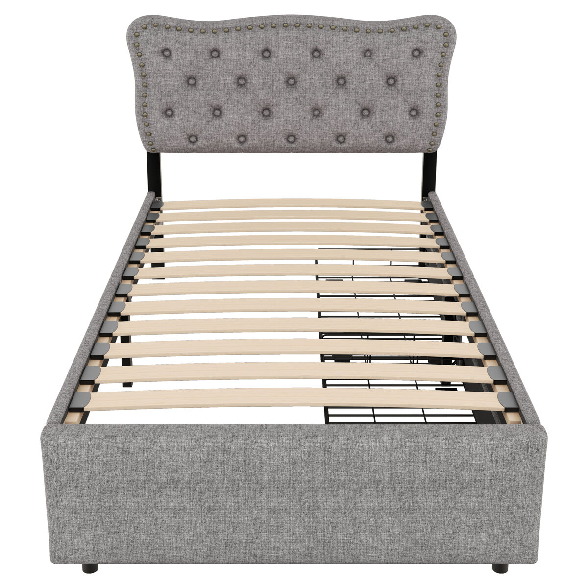 Cama estofada em tecido de linho com 2 gavetas - 90x200 cm - cabeceira decorada com rebites - cinzento