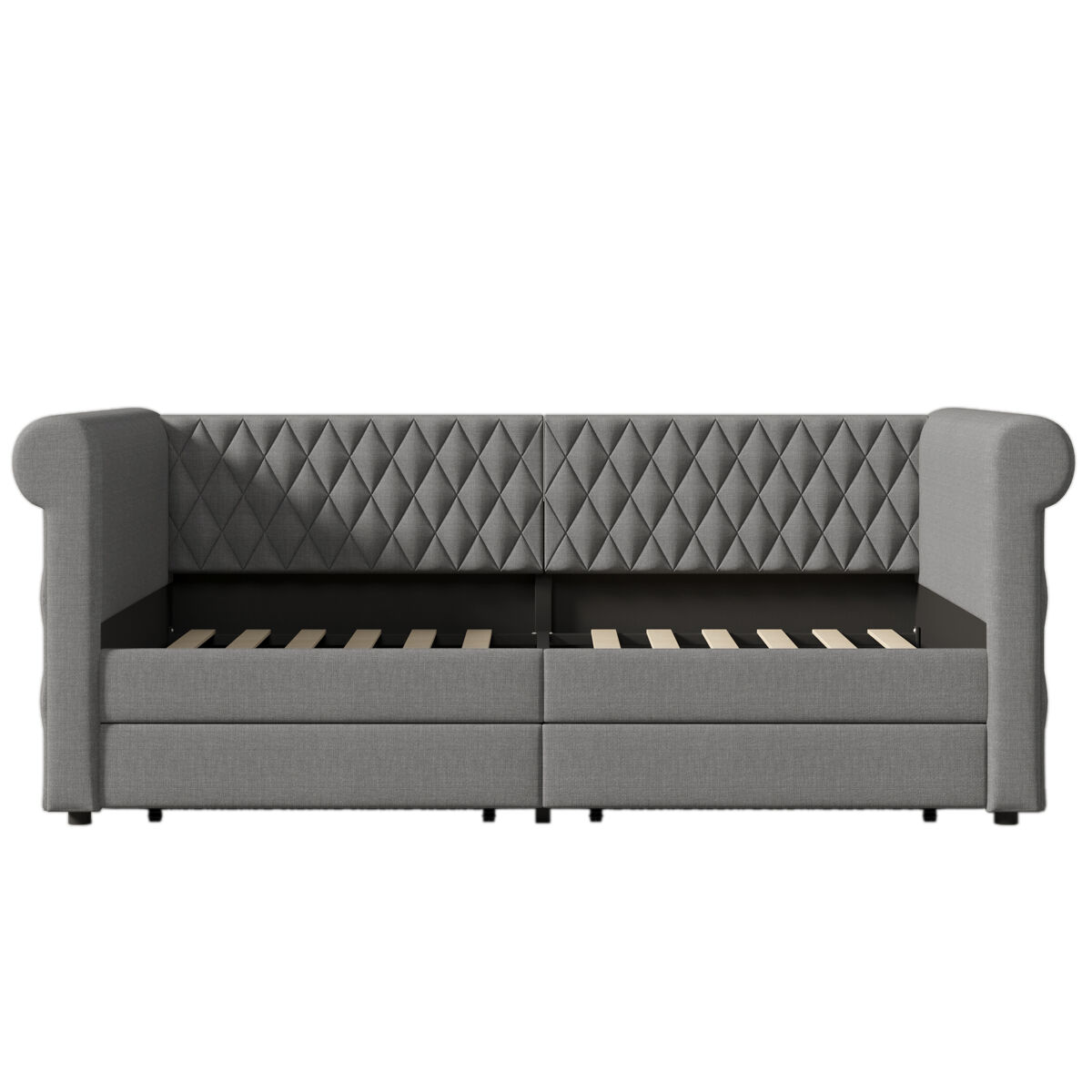 Sofá-cama com 2 gavetas em tecido de linho - 90x200 cm - com estrado de molas - cinzento