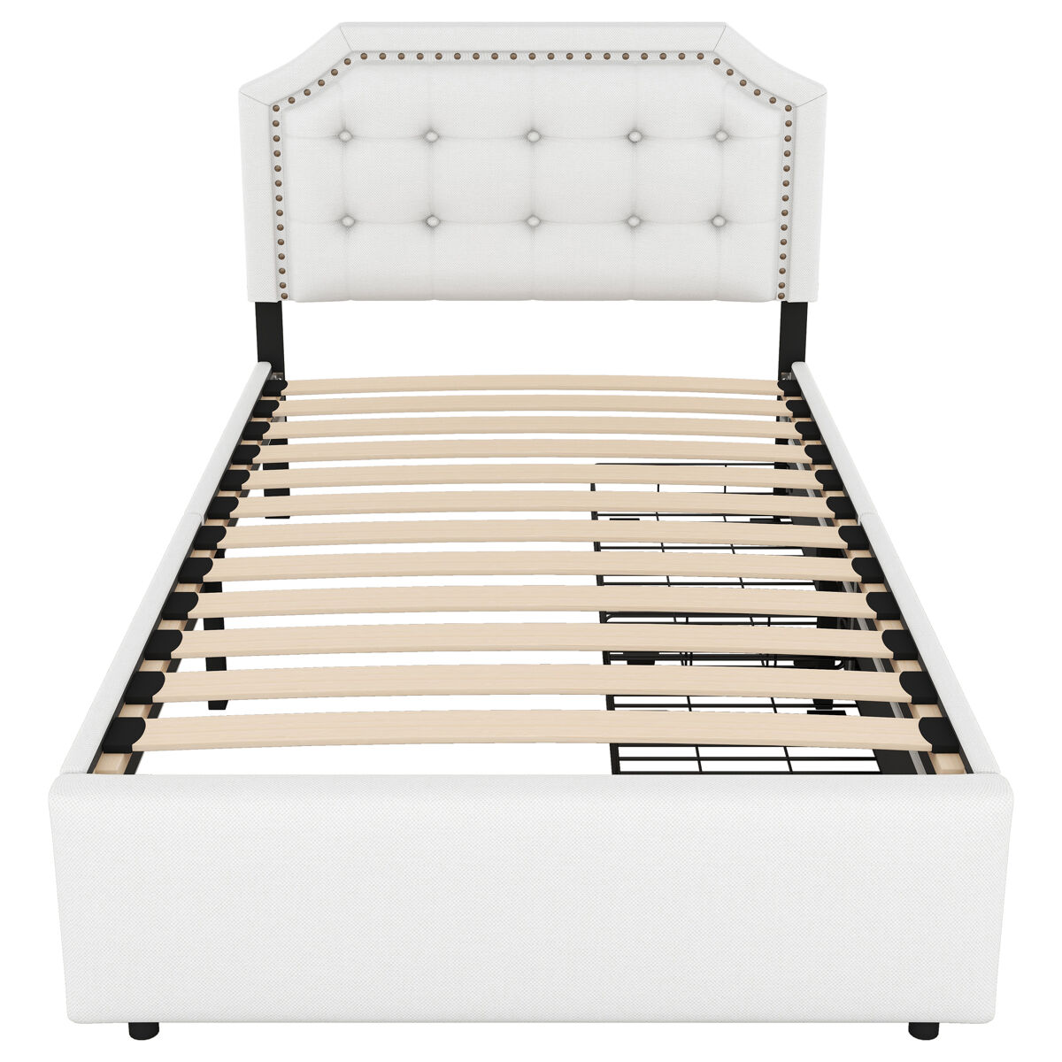 Cama estofada em tecido de linho com 2 gavetas - 90x200 cm - cabeceira decorada com rebites - bege