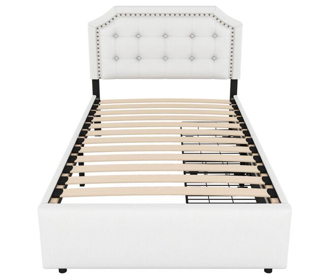 Cama estofada em tecido de linho com 2 gavetas - 90x200 cm - cabeceira decorada com rebites - bege