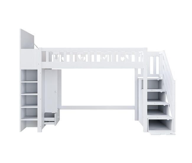 Cama alta de madeira 90 x 200 cm com vários espaços de arrumação e escada de arrumação - branco