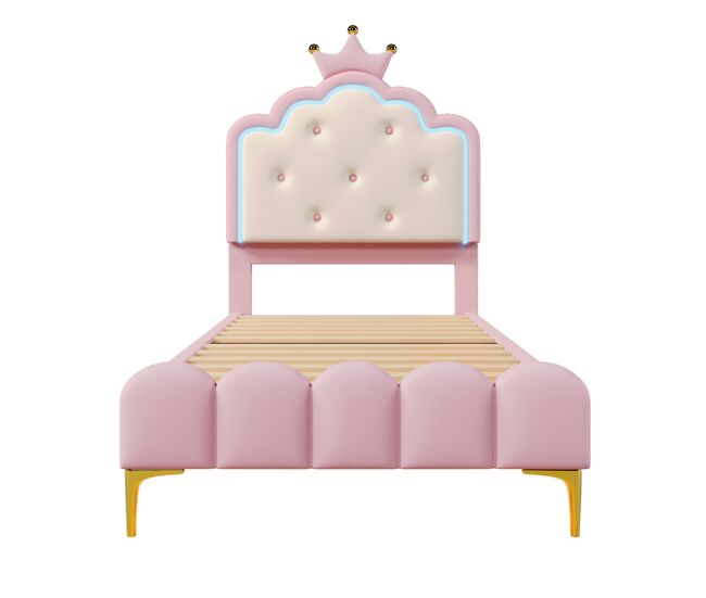 Cama estofada 90x200 cm com led - pele sintética - com estrado de molas - rosa