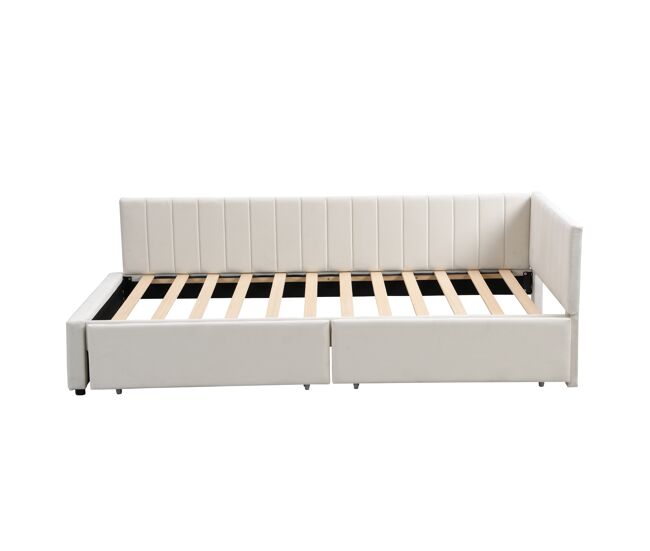 Sofá-cama estofado em veludo 90x200 cm - com 2 gavetas grandes e estrado de ripas - branco
