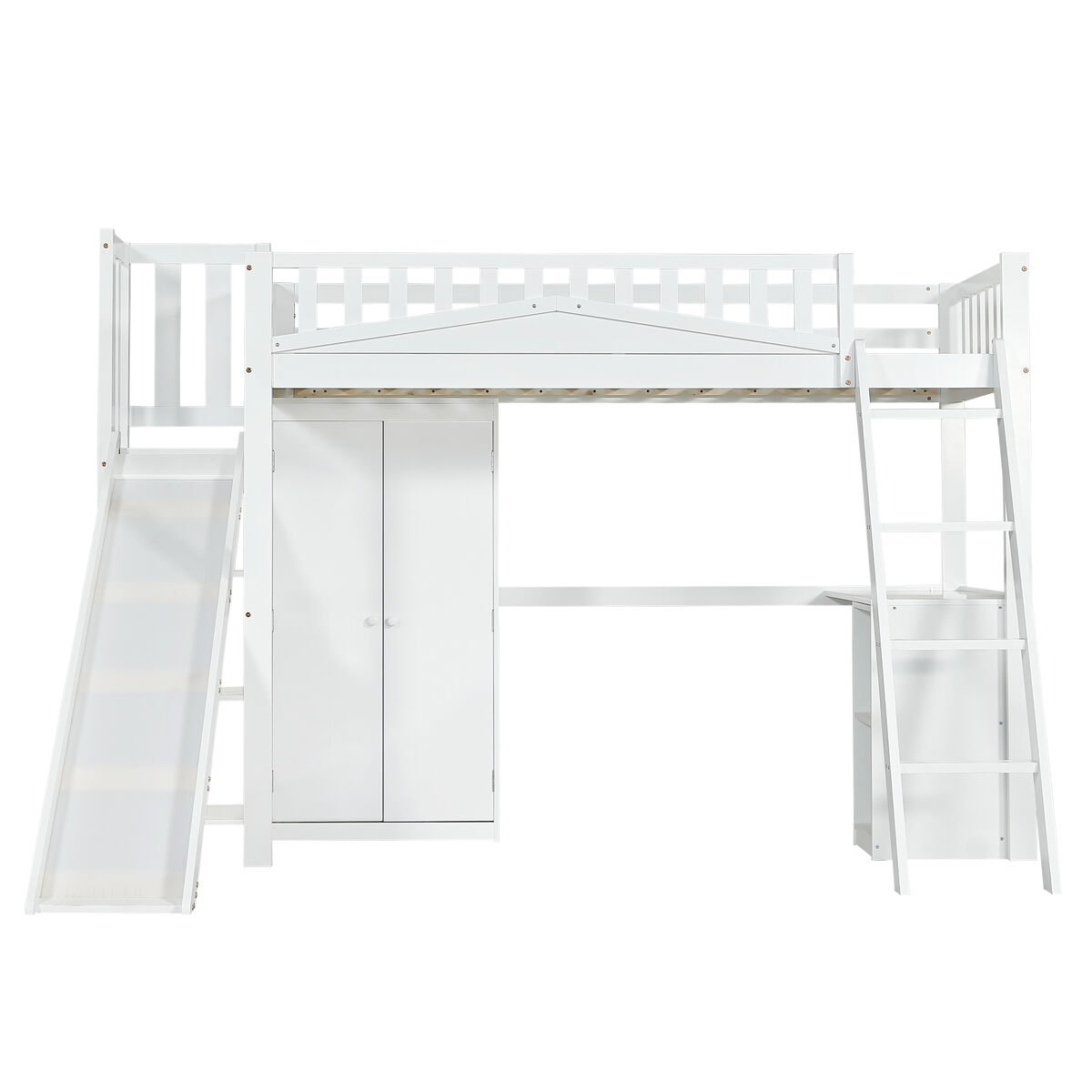 Cama alta de madeira 90x200 cm - com secretária + roupeiro + escorrega - branco
