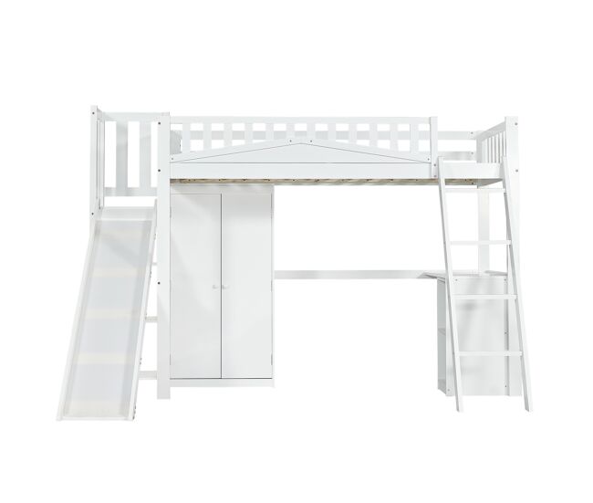Cama alta de madeira 90x200 cm - com secretária + roupeiro + escorrega - branco